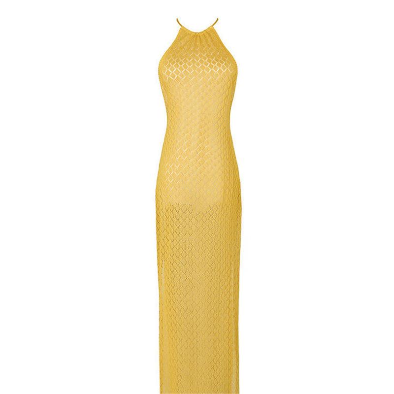 

Island Store Sexy Big Halter Ginger Neck Hollow Knitted Bohemian Beach Skirt Vacation Dress S
