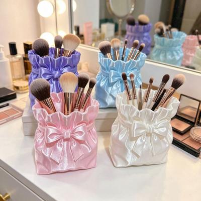 Eyebrow Brush Organizer Satin Bow Bag Makeup Holder, 3D Printed Beauty Tool Dressing Table Holder for Desk, Large Bowknot Pouch Pencil Storage