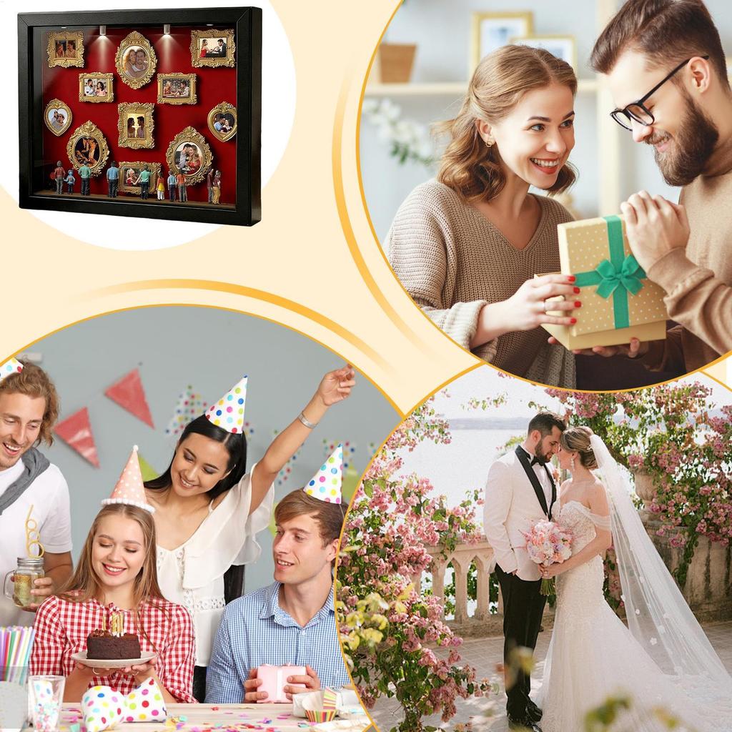 Home Ornaments Silhouette Box Memory Photo Display Case with LED Light 11 Pieces Miniature Desk Picture Frame with 8 Figurines