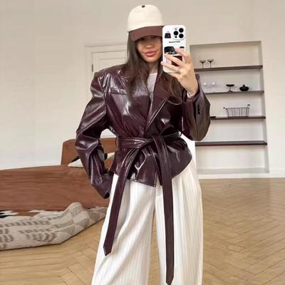 European and American Women's Retro Distressed Faux Leather Lapel Jacket
