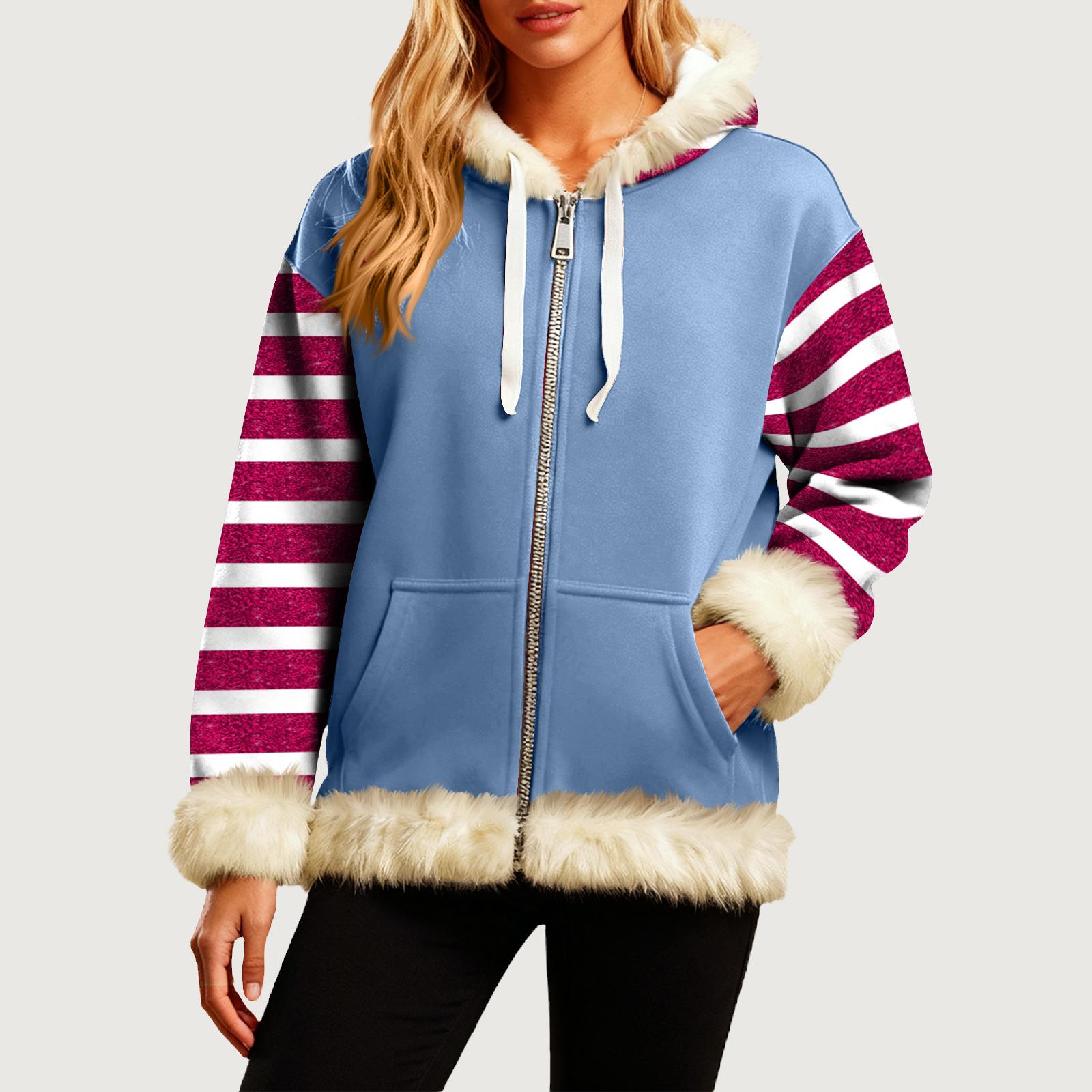 

Женская Удобная Свободная Модная Повседневная Толстовка-Куртка с Длинным Рукавом, Карманами и Капюшоном с Полосатым Принтом M