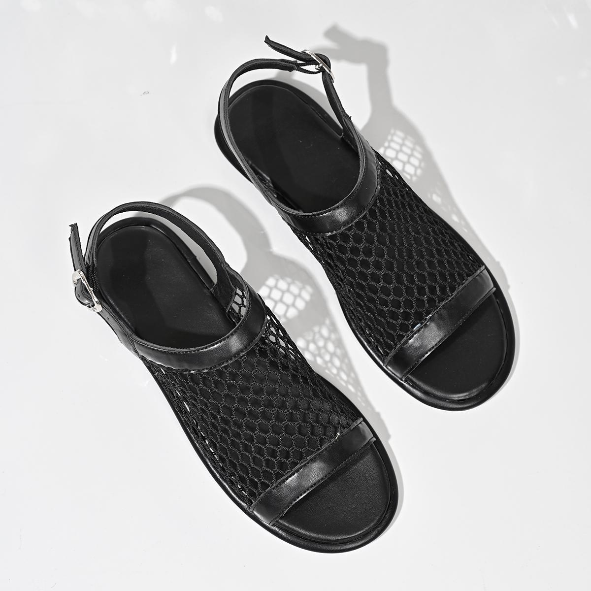 

Fashion Fashion Fishnet Buckle Strap Sandals Woman Brand Design Hollow Out Mesh Flat Shoes Ladies Summer Breathable Net Mule Slippers 43 чёрный