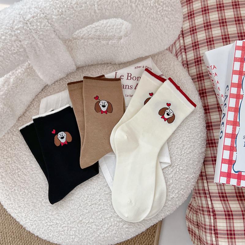 Cartoon Puppy Socks, Women's Spring and Autumn Fun Mid-calf Socks, Ribbed Color-blocking Pile Socks, Boneless