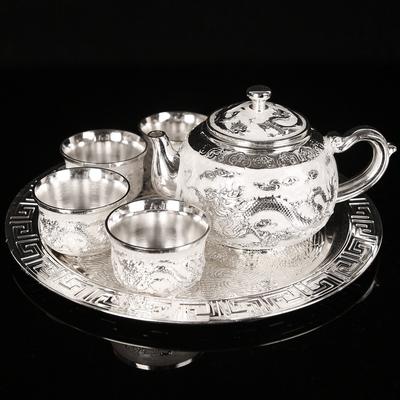 Dragon and Phoenix Silver Tea Set, Foot Silver Wine Set, 1 Plate, 1 Pot, 4 Cups Gift Box Set, Teapot Gift.
