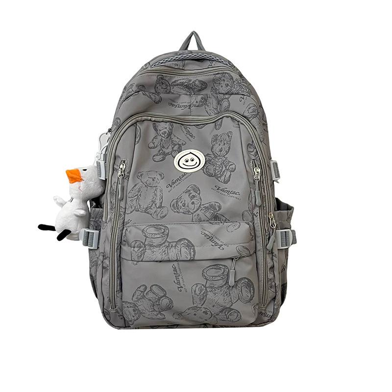 Cartoon Bear Print Backpack, Large Capacity College School Backpack with Cute Bag Charm, Unisex Casual Daypack for Students серый