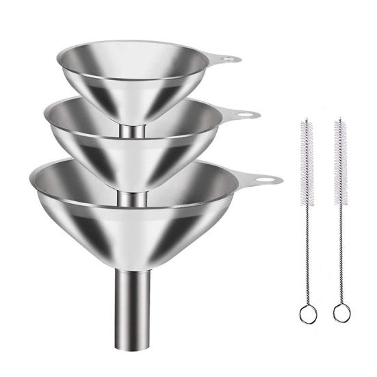 3 Sizes Stainless Steel Kitchen Funnels Set with Ergonomic Handle Clamp Ring Dishwasher