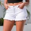 Shorts jeans feminino de verão com borda rasgada, vários bolsos, botão de cor sólida, fecho com zíper, ajuste fino, cintura alta, macio, respirável, traje de festa para clube