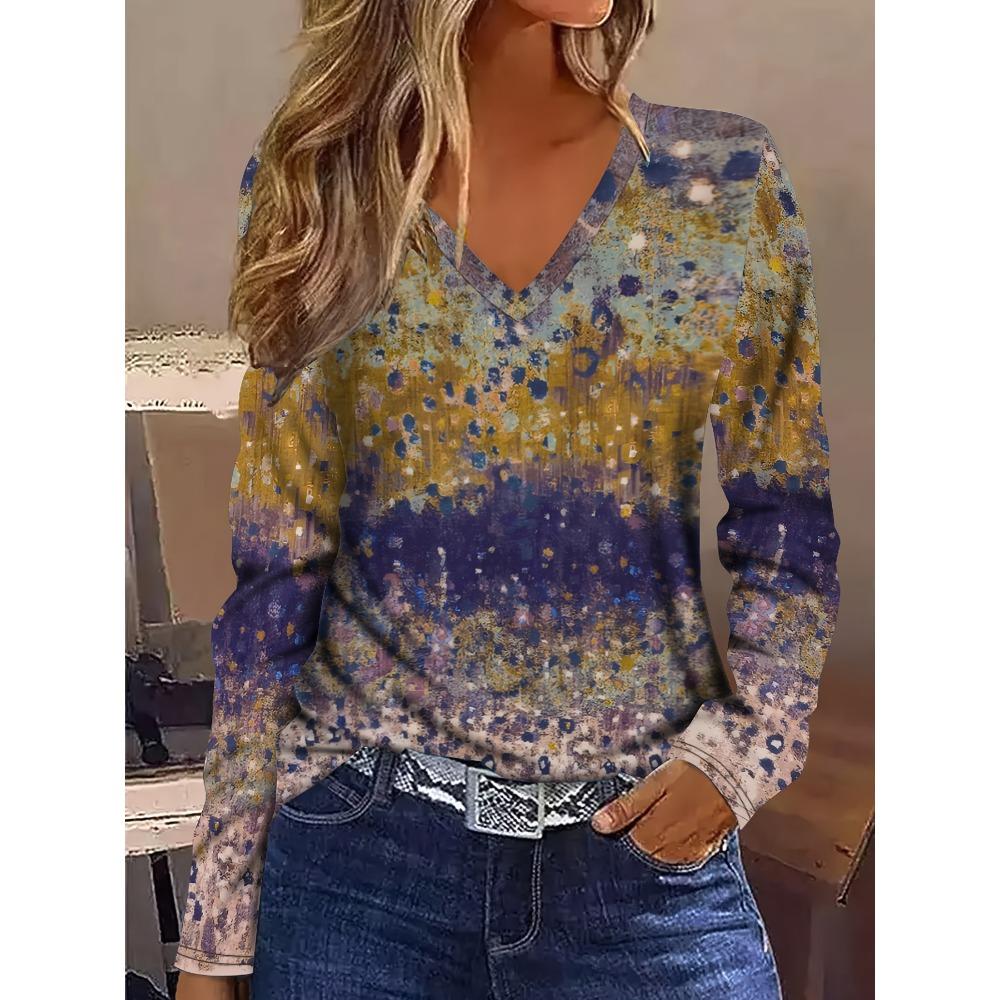 

Женская повседневная футболка с V-образным вырезом и длинными рукавами с абстрактным рисунком - дизайн с разноцветными полосками и горошком XL