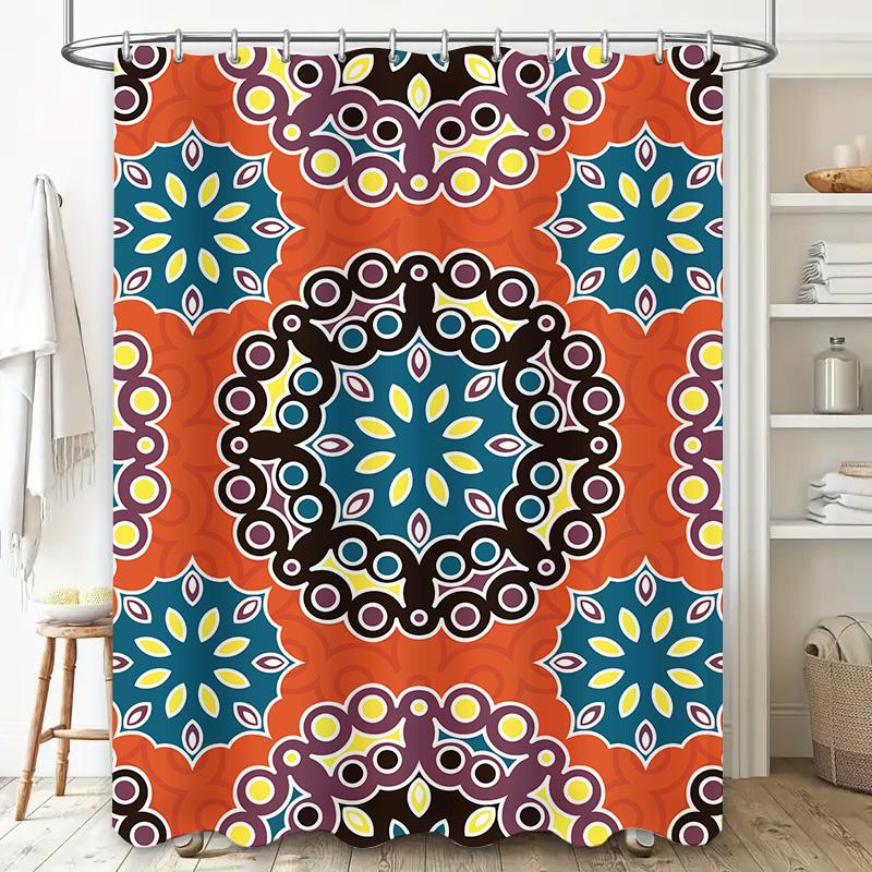 Decorative Bath Shower Curtain Floral Mandala Design with Blue, Yellow Orange Colors Waterproof Fabric for Bathroom Decorations