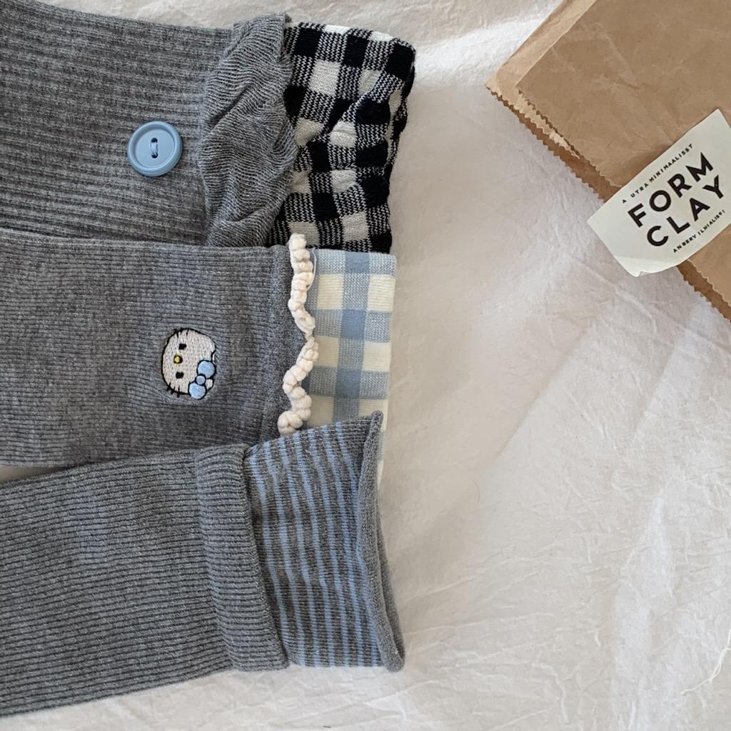 Autumn Gray Gray Double Needle Stack Socks Women'S Medium Stripe Solid Color Lace Double Screw Mouth Simple And Versatile