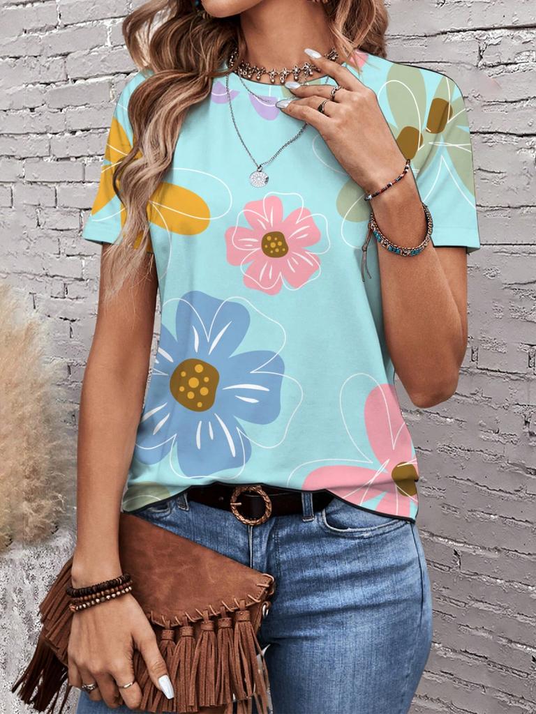 Sunflower Color Flower 3D Printing Women's T-shirt Casual Round Neck Short-sleeved Top Harajuku Y2k Tee Women's Clothing