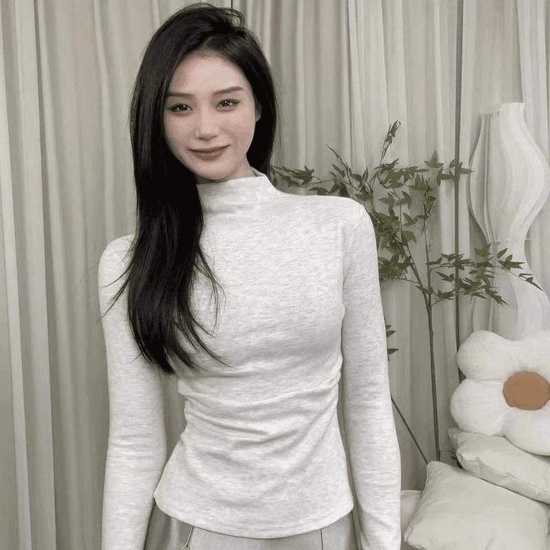 Autumn Winter Half High Collar Solid Slim Bottomed Tee Women Long Sleeve Casual All-match Pullover T-shirt Top
