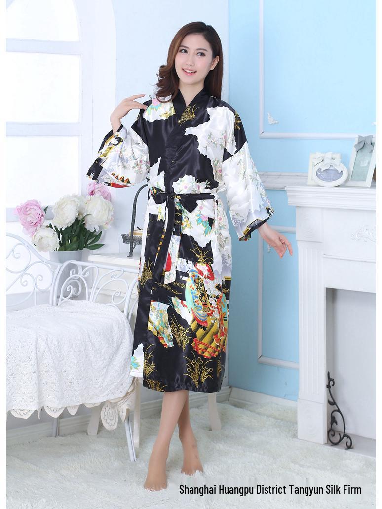 

Очень длинный женский шелковый халат гейши с цветочным сатиновым дизайном L