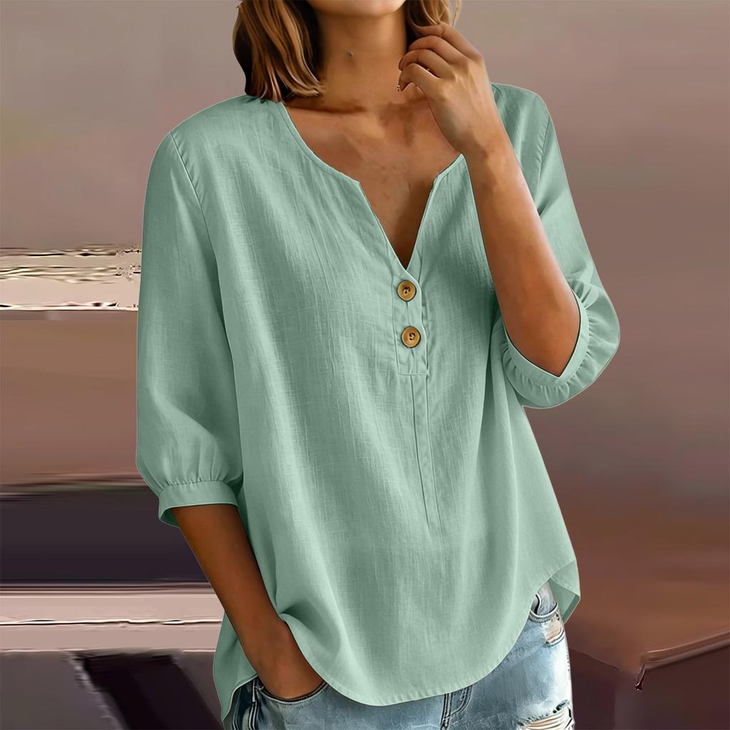 Women's Casual Linen Blend Henley Button Neck Shirt Three Quarter Sleeve Lightweight Loose Fit Top for Everyday Wear