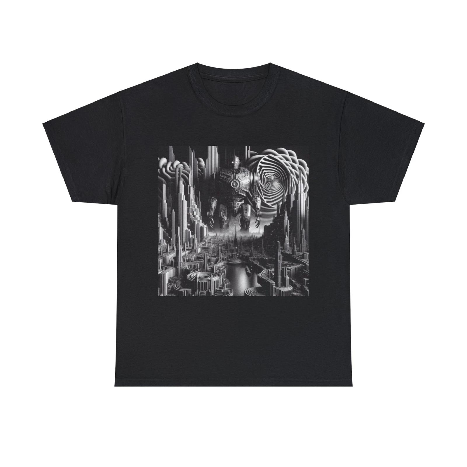 Unisex Adult T Shirt Futuristic Art Deco Robot Cityscape Optical Illusion Giant L