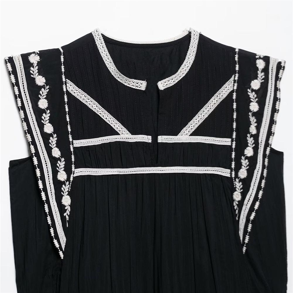 2025 Spring/Summer Women's Loose Color Block Embroidered Sleeveless Dress