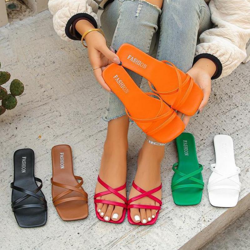 Fashion Orange Flat Sandals For Woman Leather Luxury Casual Summer Non-slip Slippers Ladies Open Toe Square Head Outdoor Beach Slippers