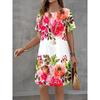 Rochie A-line florală boemă pentru femei, cu imprimeu 3D și mânecă scurtă, model vibrant multicolor de flori, îmbrăcăminte feminină, rochie casual