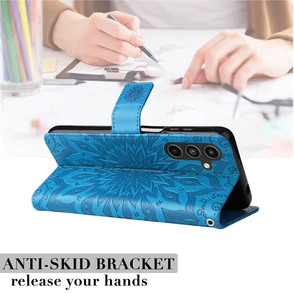 For Samsung Galaxy A15 5G Phone Case Sunflower Imprinted Leather Wallet Stand Cover with Strap