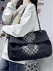 2024 Trendy Ink Wash Denim Quilted Hobo Bag: Large Capacity Chain Shoulder Crossbody Bag