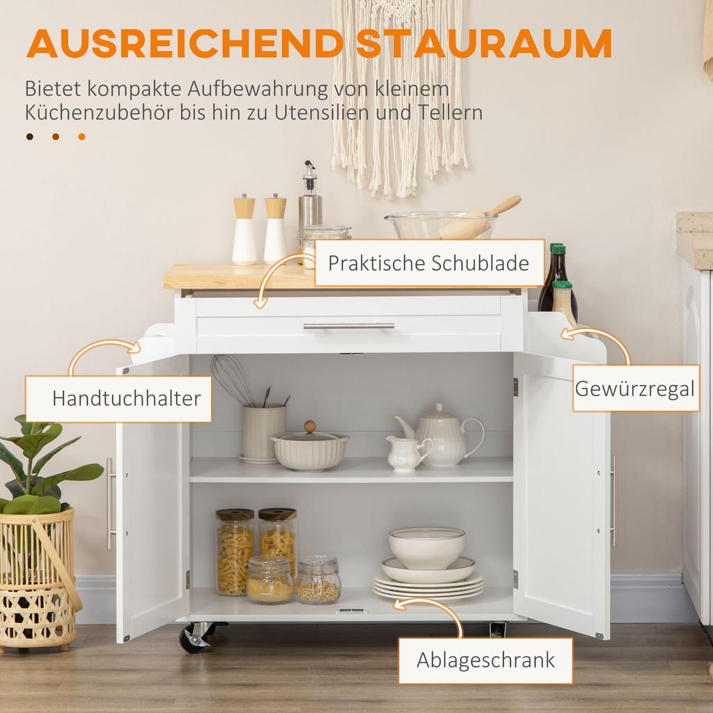 Kitchen Trolley Serving Cart Kitchen Island 1 Spice Rack 1 Towel Holder 109 Cm X 40 Cm X 89 Cm White