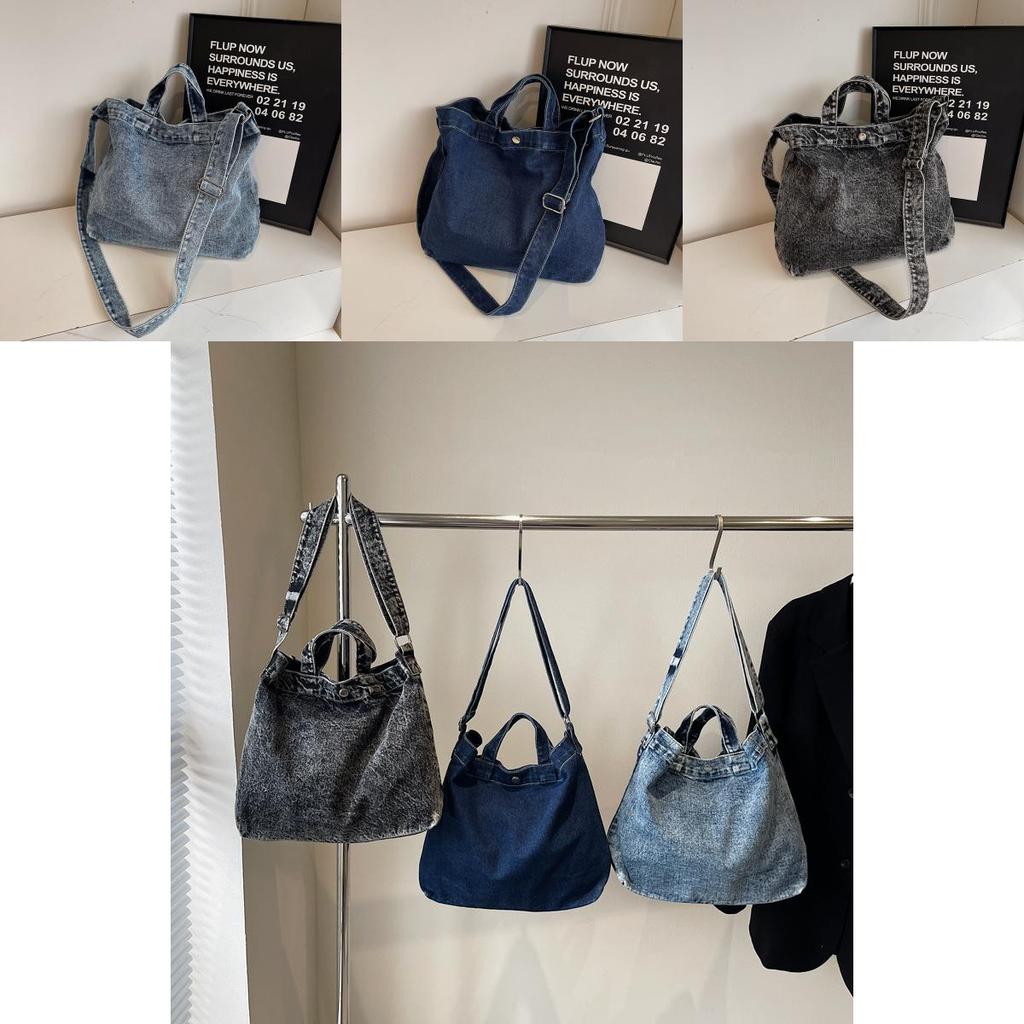 Large Capacity Denim Bag With Magnetic Closure For Casual Travel And Daily Use