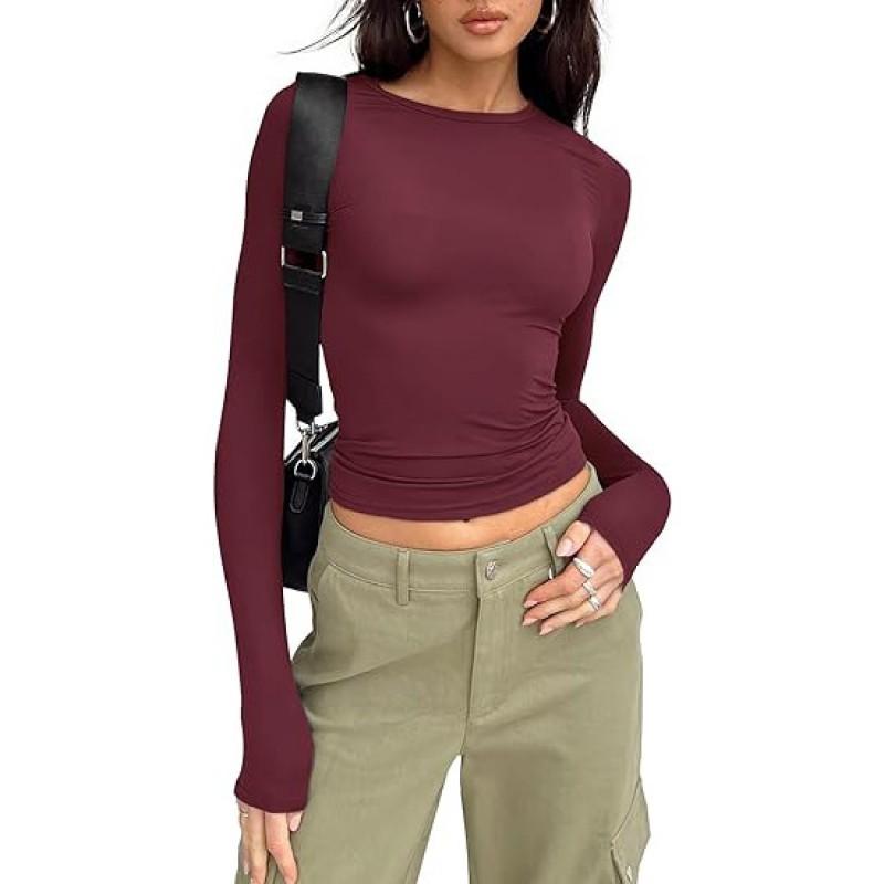 Womens Basic Long Sleeve Top Slim Fit Round Neck Milk Soft Tee Casual Everyday Wear