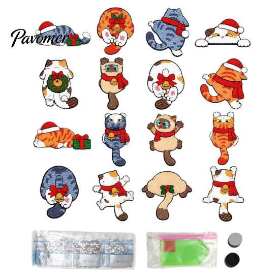 Cute Animal Fridge Decors Christmas Cat Rhinestone Magnets DIY Kit, Make 16Pcs Kitty Magnet Craft Kit Refrigerator Magnets, Faux Diamond for