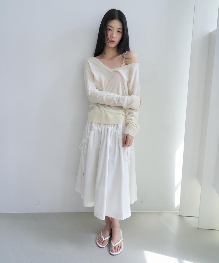 Amidi String Flare Banding Long Skirt_White