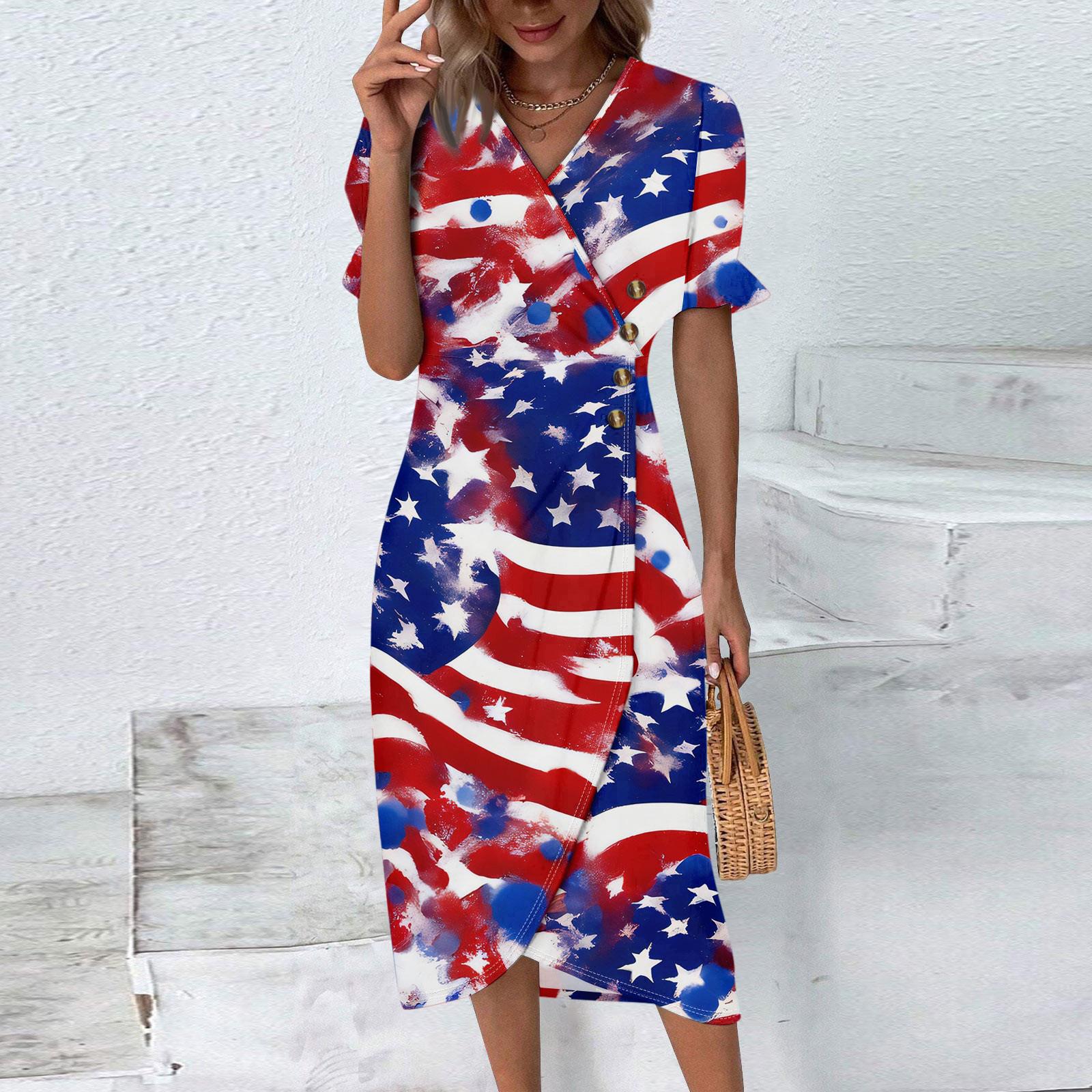 

Beach Dresses For Women Spring Summer Elegant Wrap V Neck Independence Day Print Dress Flowy Ruched Hawaiian Maxi Dress M