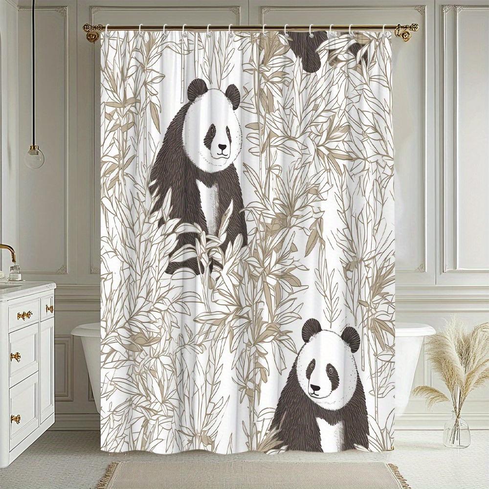 1Pc Panda Theme Shower Curtain With Vivid Animal And Plant Design, Bathroom Decor, Polyester Fabric, Includes 12 Hooks,