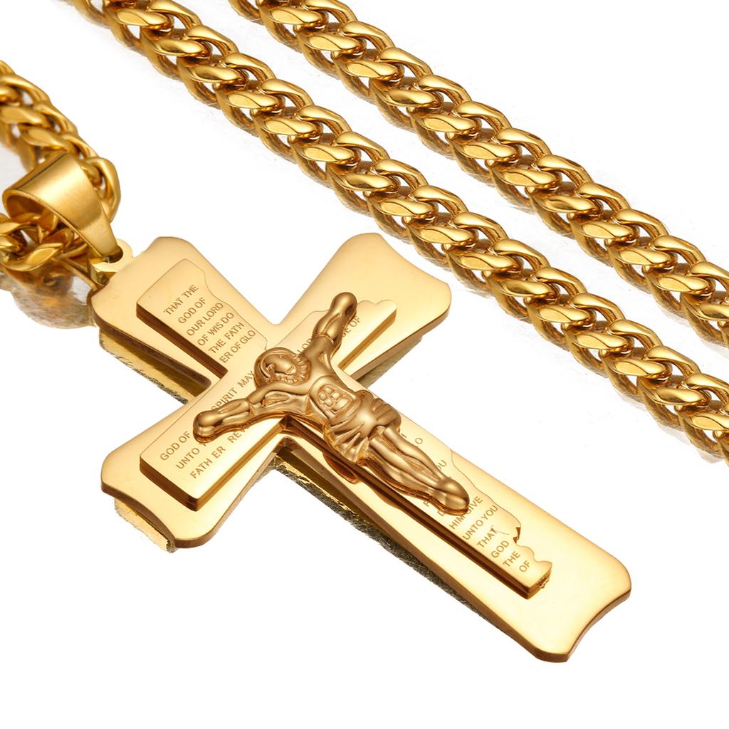 Heavy Big Jesus Cross Stainless Steel Pendant for Men Christian Crucifix Chain Necklace Religious Gold Color Jewelry Collar