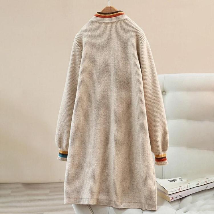Thick Winter Mid-Length Sweater Coat Loose Fit Striped Knit Cardigan Warm Knitted Trench Coat