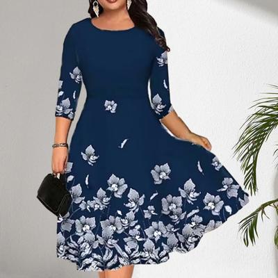 Summer O-neck 3/4 Sleeve Midi Dress Butterflies Flower Printing Waist Tight Loose Hem A-Line Elegant Casual Dress Streetwear