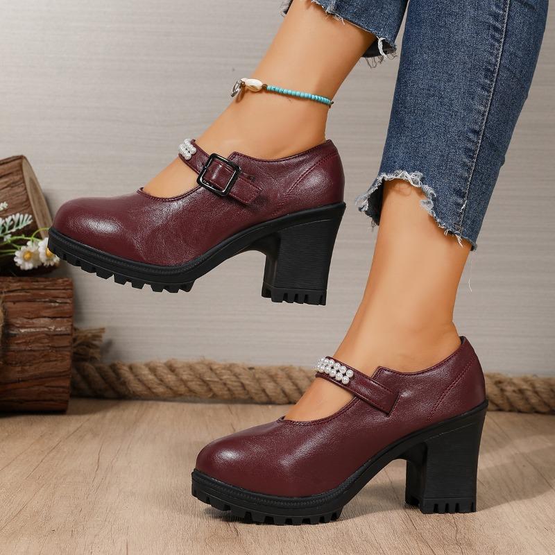 Loafer Autumn New Round Toe Shallow Mouth Metal One Strap Platform Non-Slip Wear-Resistant Block Heel High Heels