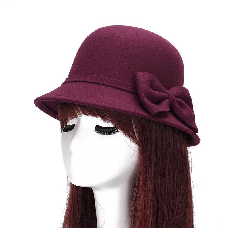 Women's Korean Style Double Bowknot Wool Felt Basin Hat