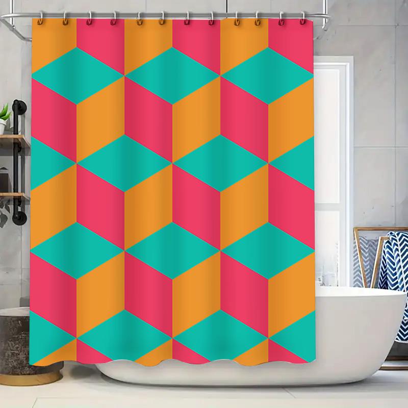 

Brightly Colored 3D Geometric Shower Curtain Waterproof Fabric For Bathroom Decor Pink Orange Teal Green Modern Design (Size: Cu 90x180cm