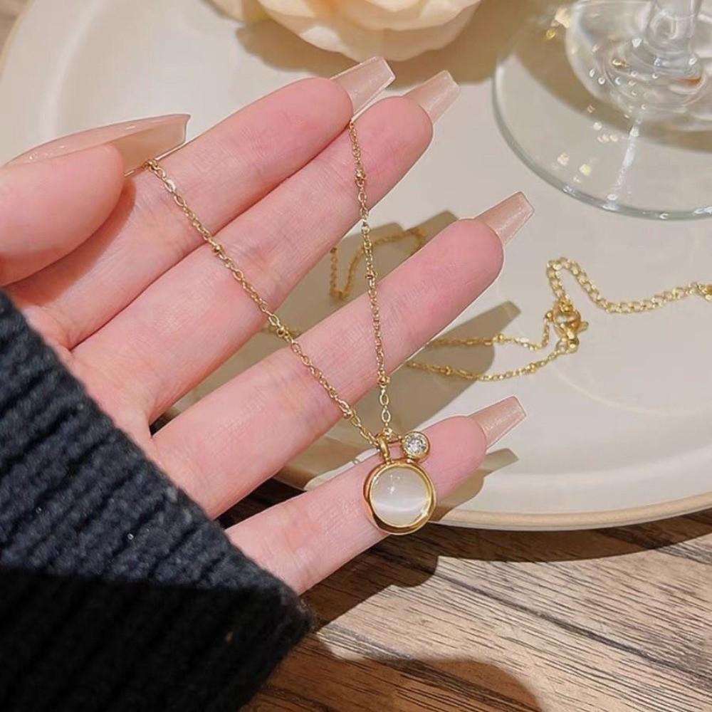 Elegant Stainless Steel Opal Oval Necklace Round White/Pink Cat s Eye Pendant Necklace Pendant Necklace Women
