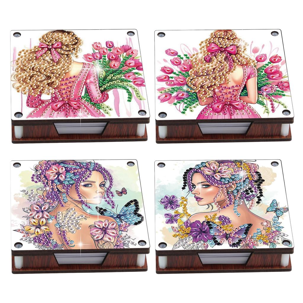 Boîte de rangement en bois DIY pour notes 4 pièces Art du diamant avec 480 feuilles Bloc-notes Peinture Diamant pour Bureau