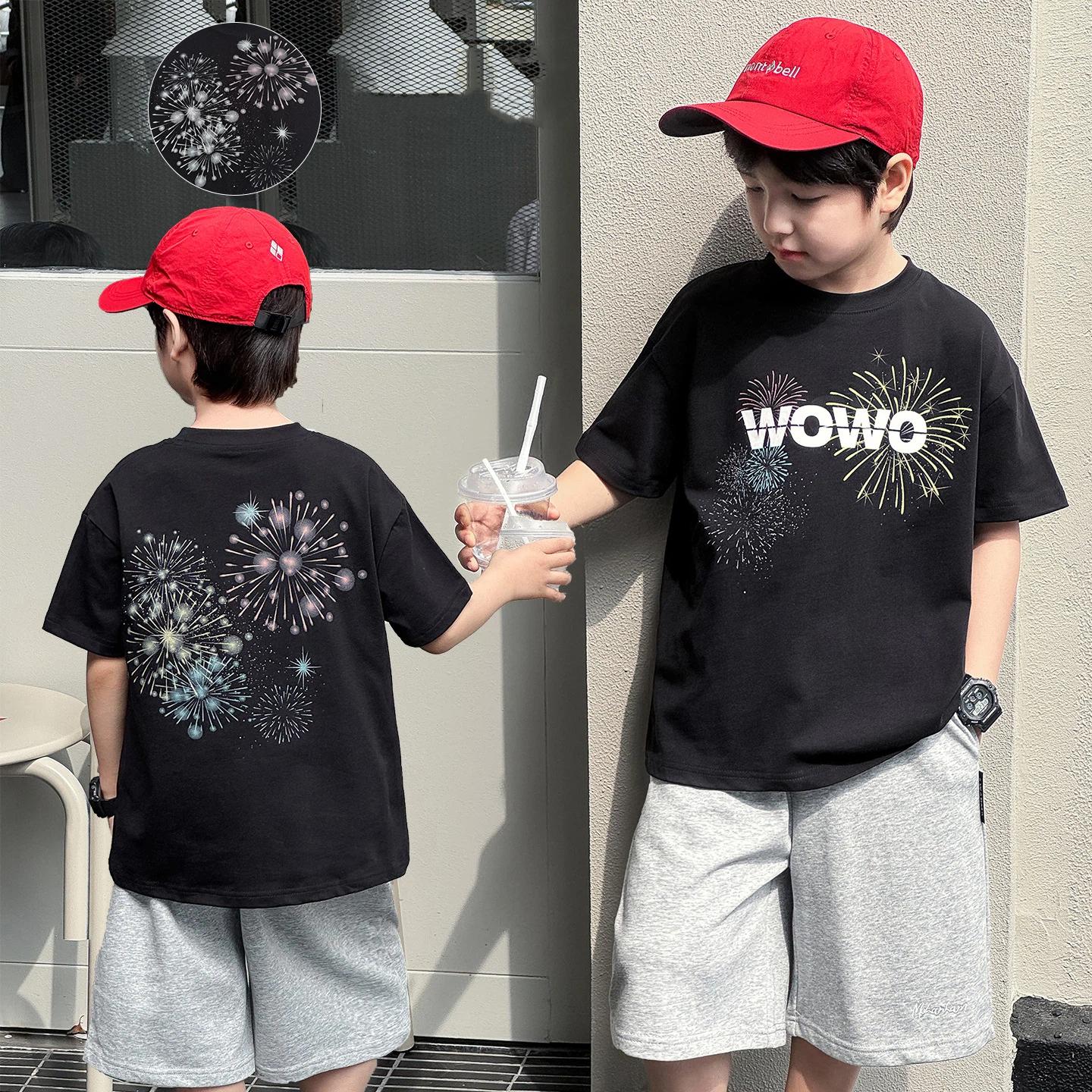 

Boys Summer Colorful Fireworks Optical Printing Medium and Large Children s T-Shirts Round Neck Children s Short Sleeves Trendy 160 чорний