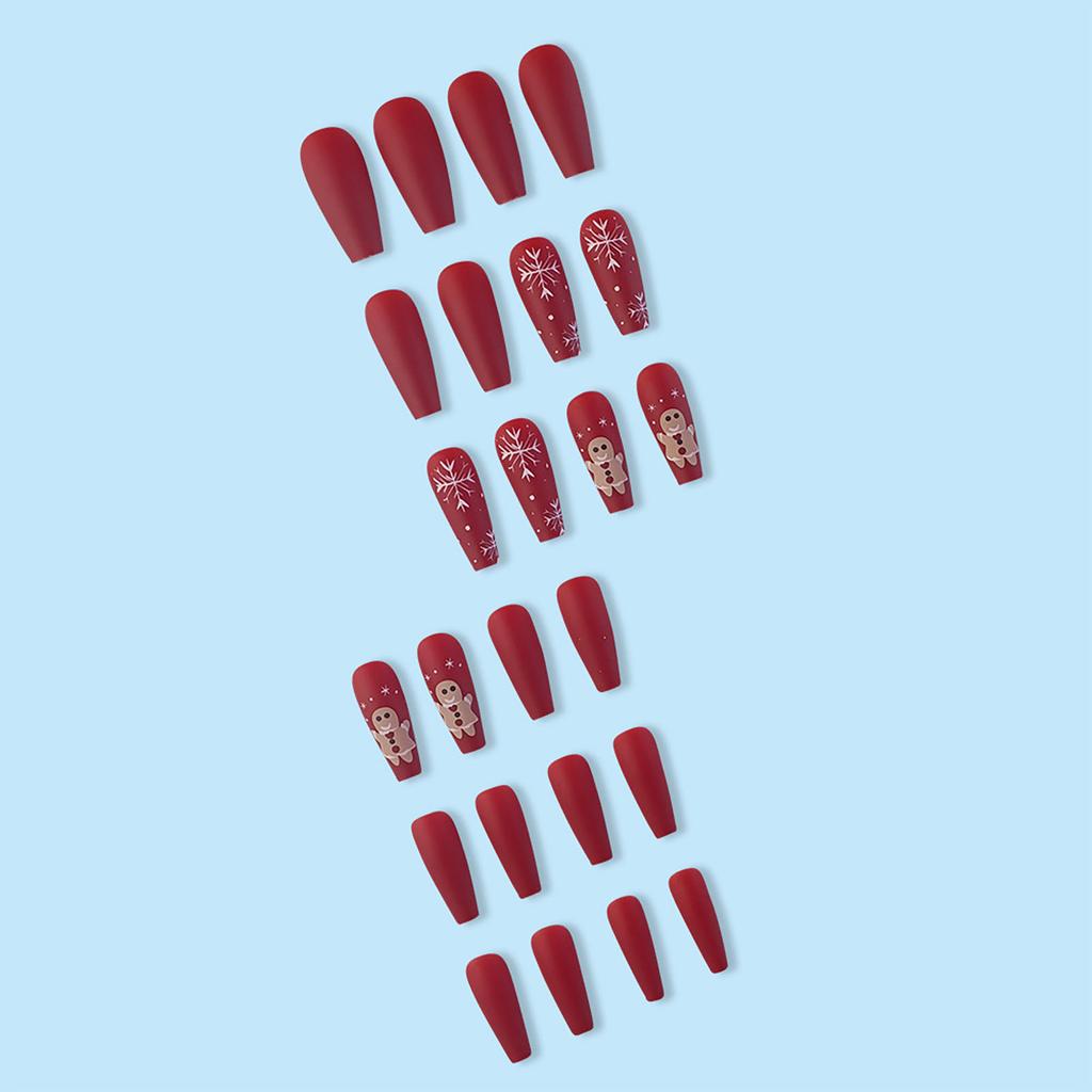 Christmas Red Fake Nails with Snowman Printed Natural Unbreakable Nail Simple Wear for Daily and Parties Wearing