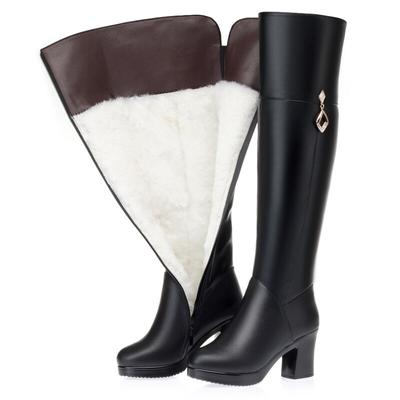 Damen Overknee-Stiefel, natürliche Wolle, echtes Leder, Damen-Winterstiefel, warme High-Heel-Damen-Motorradstiefel
