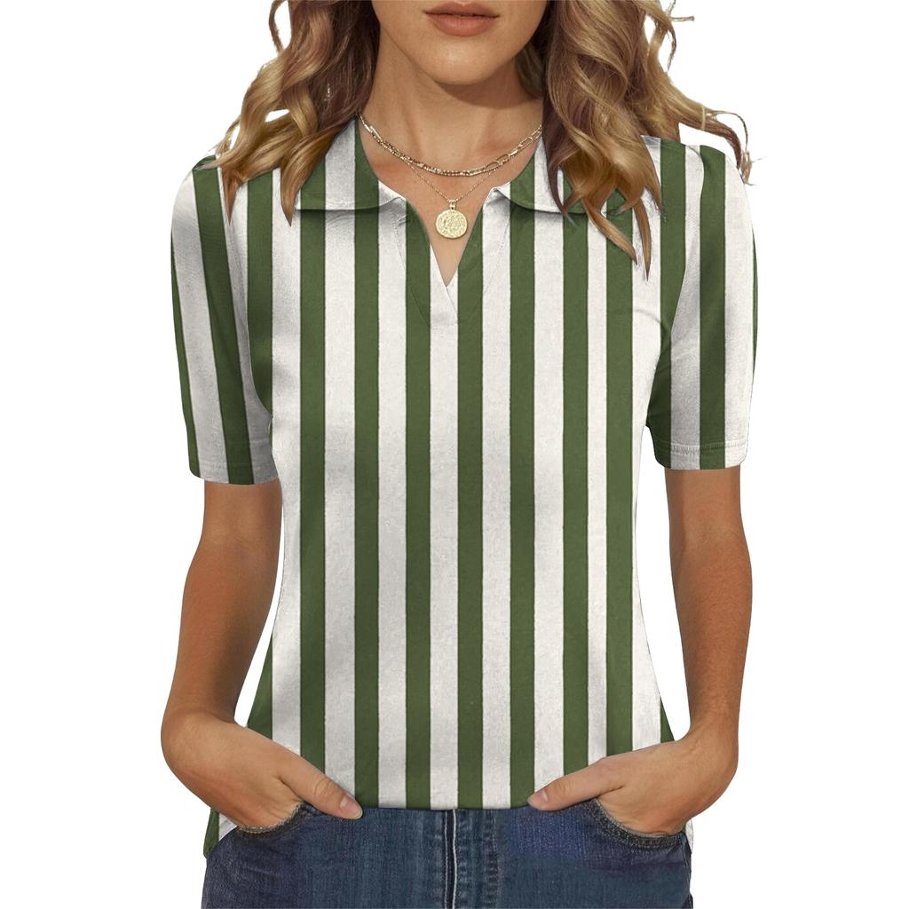 Women Casual Short Sleeve V Neck Shirt Striped Pattern Lightweight Relaxed Fit Blouse Suitable for Daily Wear and Outdoor Activities