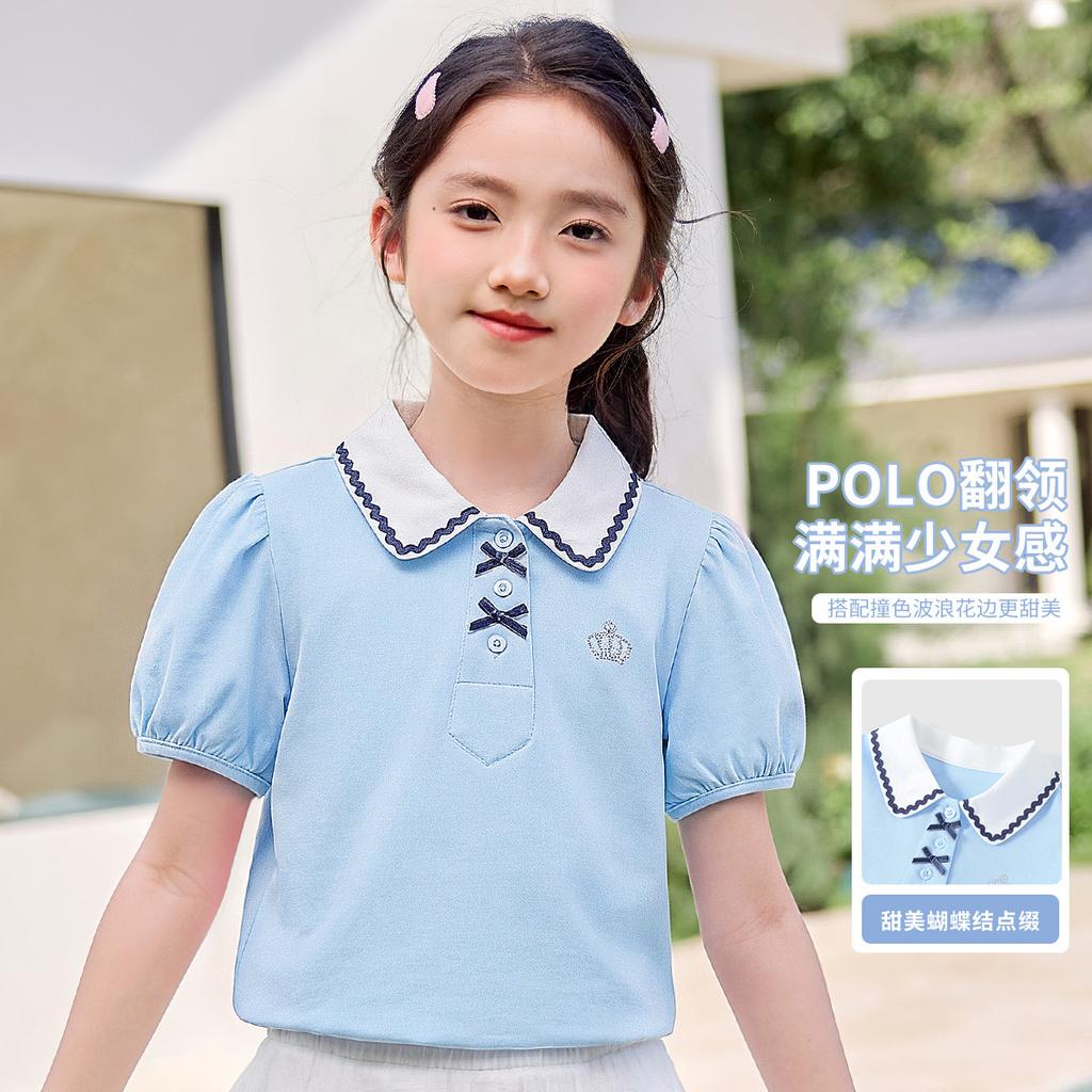 Girls' Summer Lapel College Style Polo Shirt Top, Breathable Mid Size Children's Bubble Sleeves, Children's Short Sleeved T-shirt