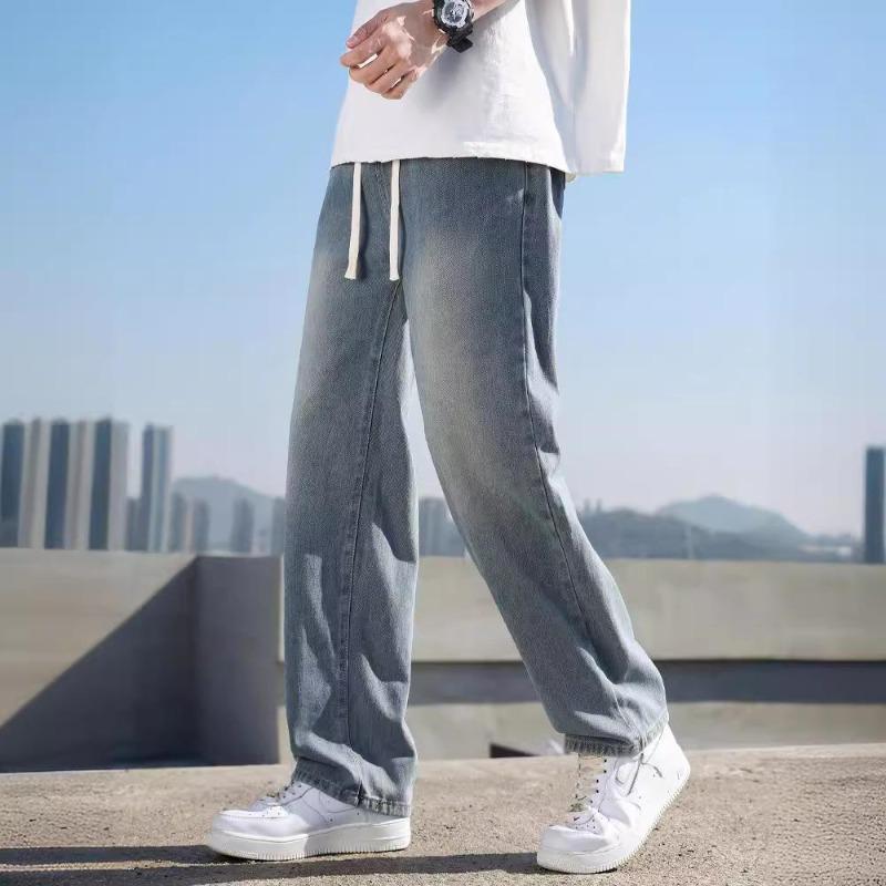 Men Ice Silk Jeans Straight Loose Fit Summer Thin American Drawstring New Elastic Waist Casual Trousers