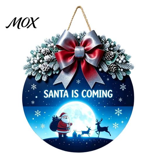 Festive Home Decoration Christmas Wooden Welcome Sign for Front Door, Round Hanging Ornament with Rustic Winter Wreath Artificial Pine Branches & Bow
