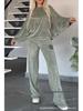 2024 Women's Gold Velvet Two-Piece Set: Solid Color Round Neck Batwing Sleeve, Perfect for Autumn and Spring.