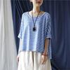 Frühling Sommer Frauen Casual Lose Halbarm T-Shirt Mode Oansatz Streifen Vintage T-Shirt