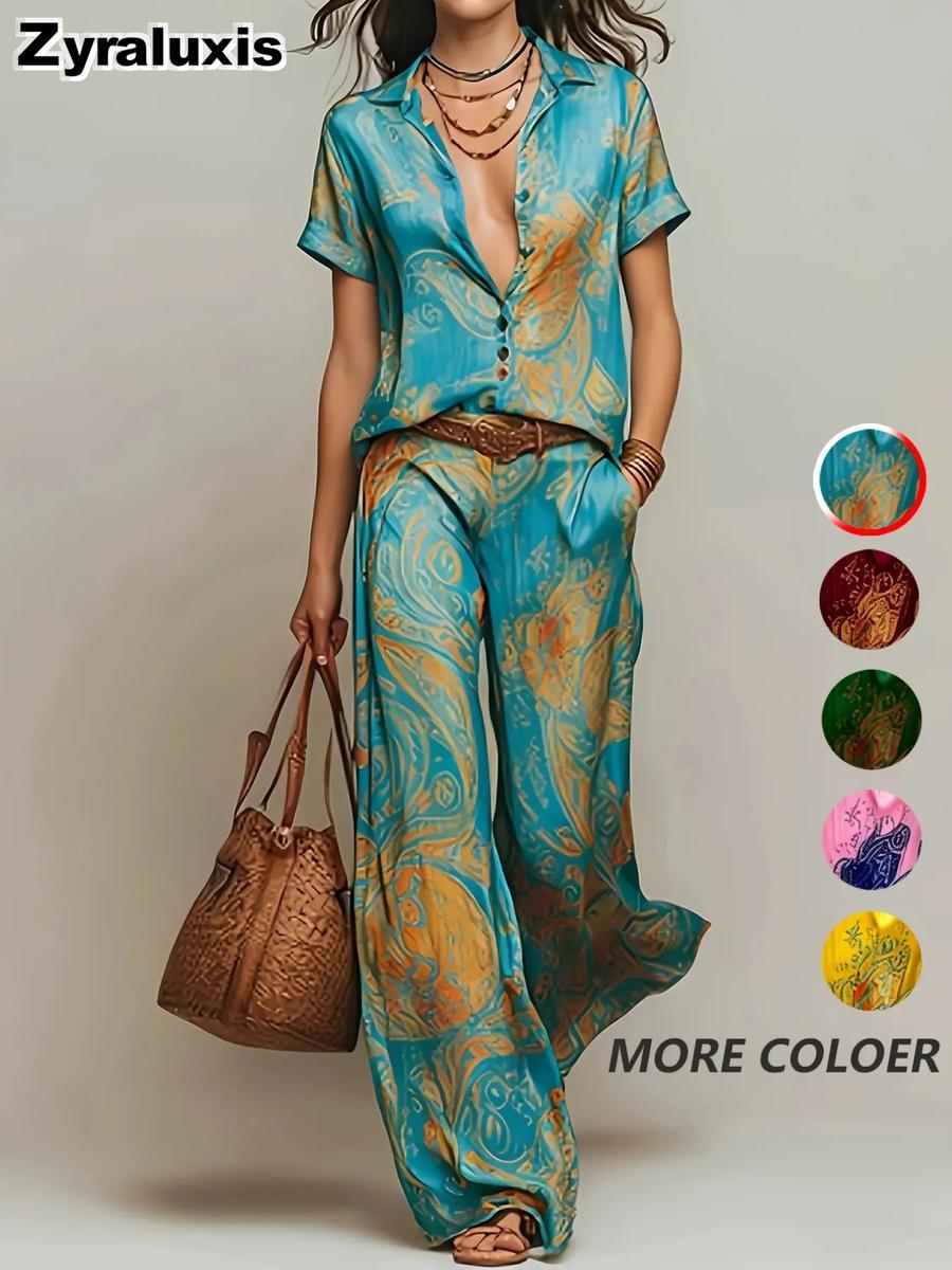 Women s Printed Camp Collar Shirt Top with Pocket Straight Leg Pants (Without Belt) S синий