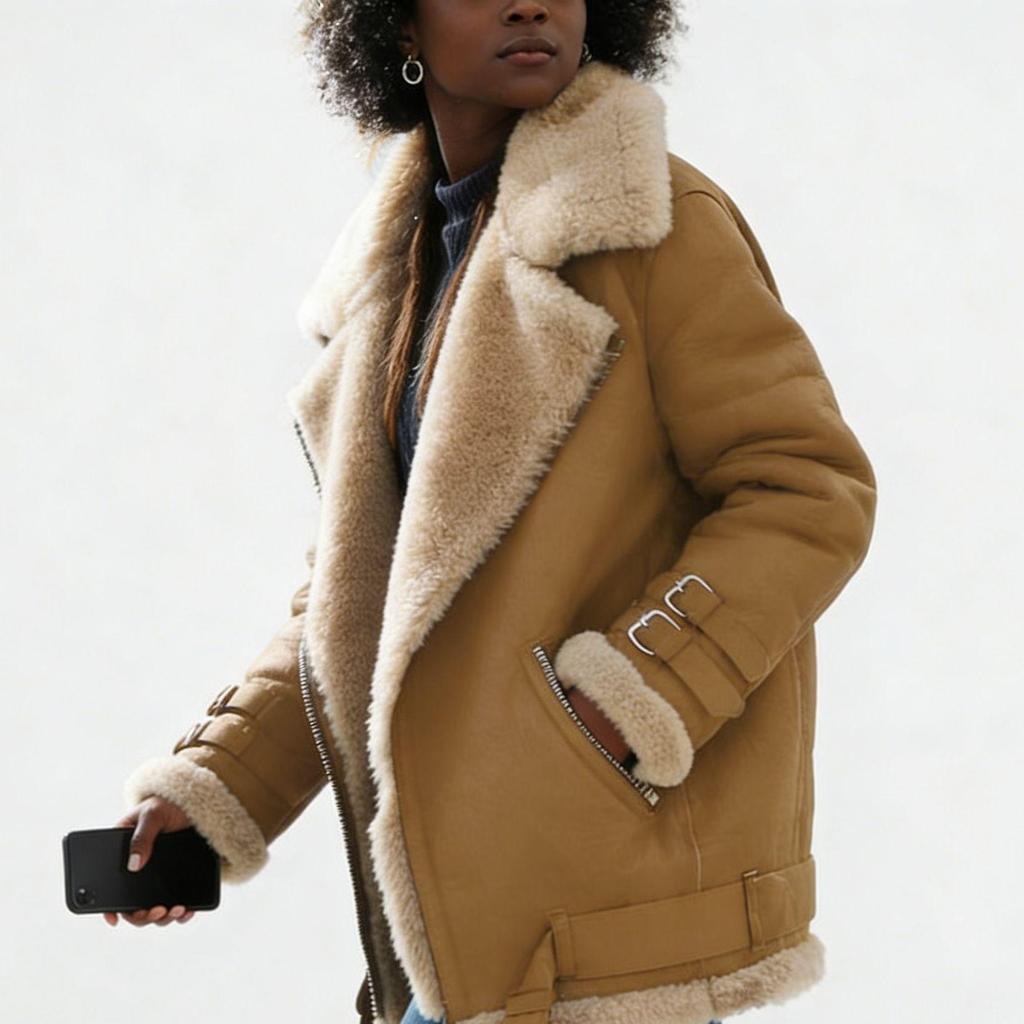 Giacca da Donna 2024 in Pelle Scamosciata, Lana d'Agnello e Pelle - Autunno/Inverno con Collo di Pelliccia, Cotone, Capo d'Abbigliamento Esterno